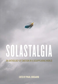 Cover of Solastalgia with a feather floating in a grey sky.